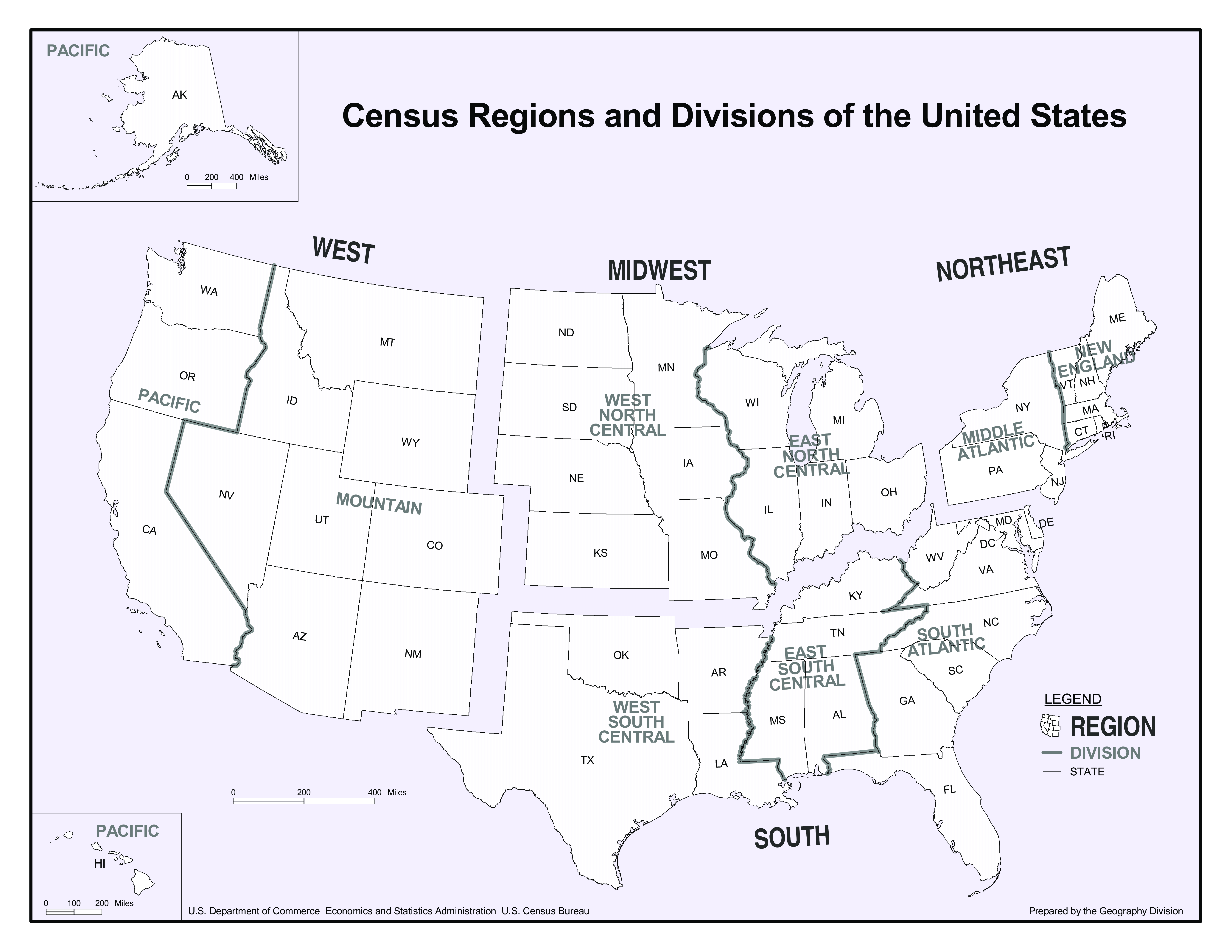 Geographic regions used by the United States Census Bureau.